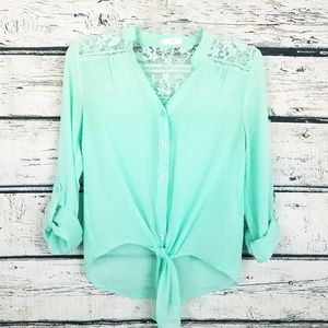 Mine teal front tie lace shoulder sheer blouse